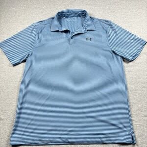 Under Armour Heatgear Short Sleeve Golf Polo Shirt Blue Striped Size Large Loose